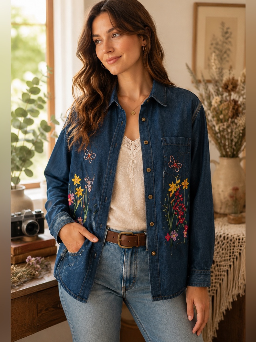 Blair Y2K Embroidered Denim Shirt | Butterfly Floral Cottagecore Button Down